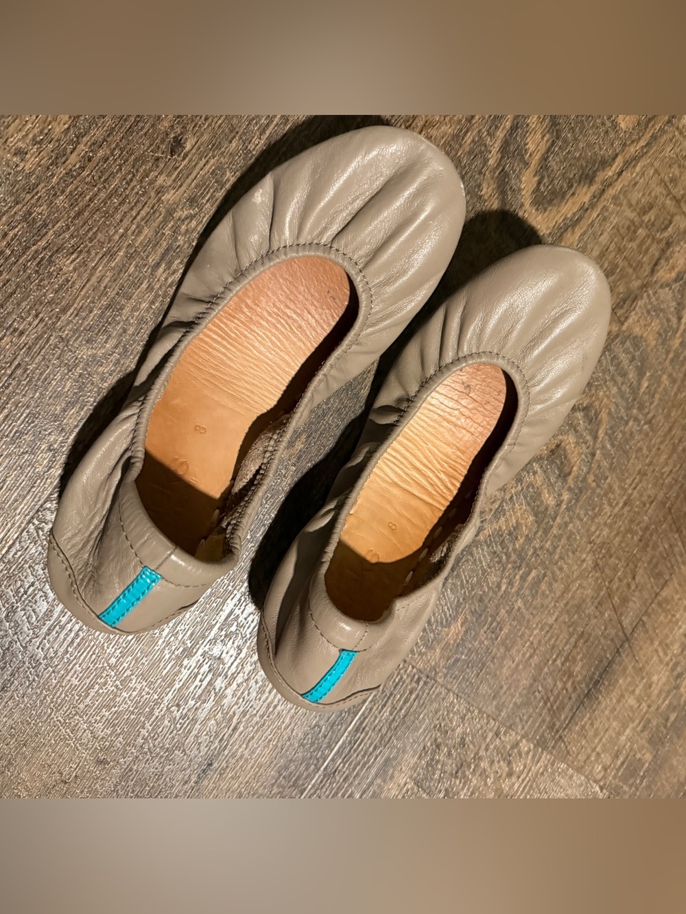 Tieks Taupe Leather Ballet Flats with Turquoise Heel Tab